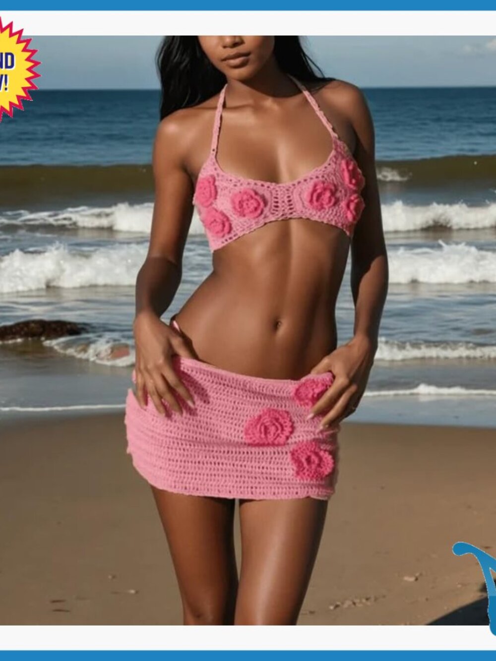 Polyester Crochet Cover Up Set with Mini Skirt, Beach Vacation Outfit - Picture 2 of 5